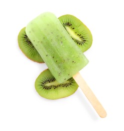 Tasty kiwi ice pop isolated on white, top view. Fruit popsicle