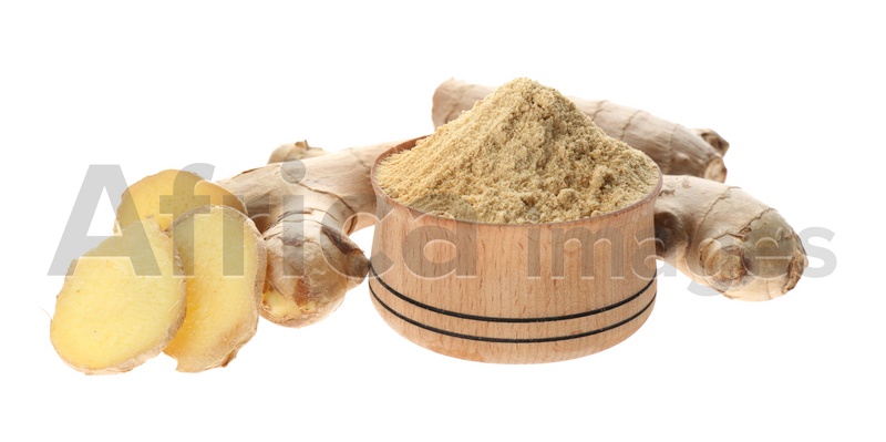 Dry ginger powder and fresh root isolated on white