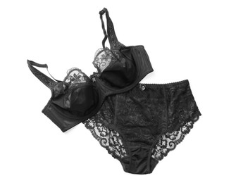 Elegant black plus size women's underwear on white background, top view