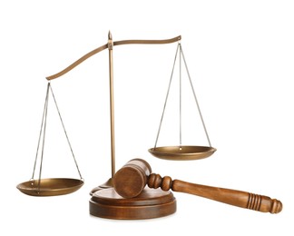 Wooden gavel and scales of justice on white background