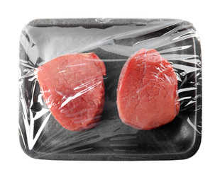Fresh raw beef cut in plastic container isolated on white, top view