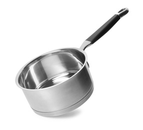 Empty modern steel saucepan isolated on white