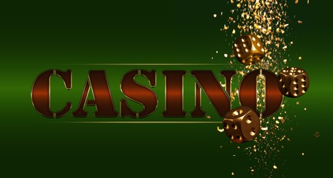Word Casino and falling dice on green background. Banner design
