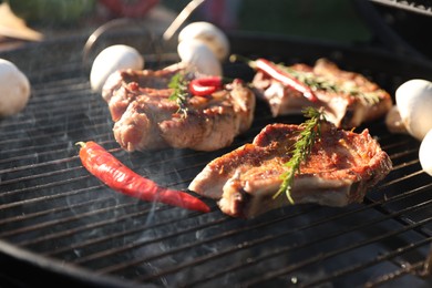 Cooking meat, chilli peppers and mushrooms on barbecue grill outdoors, closeup