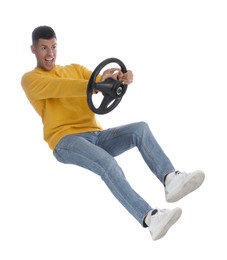 Photo of Man on stool with steering wheel against white background