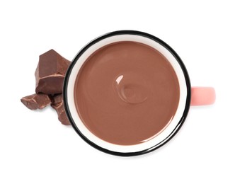 Yummy hot chocolate in mug on white background, top view