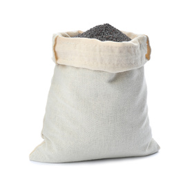 Sack with poppy seeds on white background