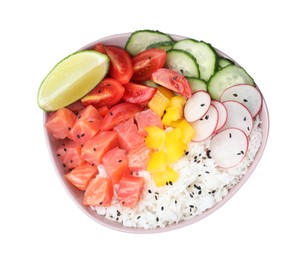 Delicious poke bowl with salmon, rice and vegetables isolated on white, top view