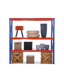 Bright metal shelving unit with wooden crates and different household stuff on white background