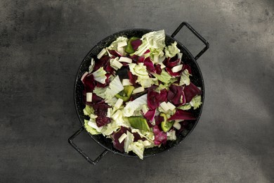 Photo of Delicious salad with Chinese cabbage, bell pepper and suluguni cheese on grey table, top view