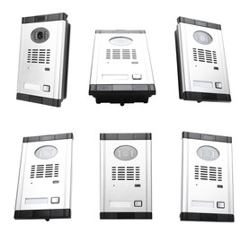 Set with modern intercom door stations on white background