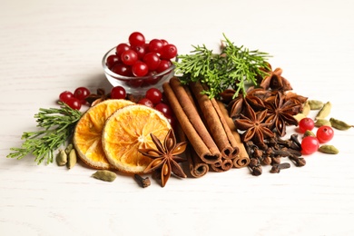 Composition with mulled wine ingredients on white table