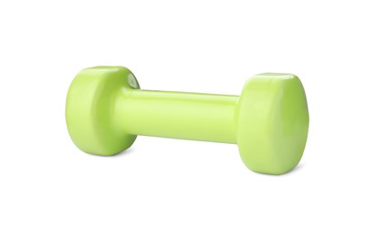 Light green dumbbell isolated on white. Weight training equipment