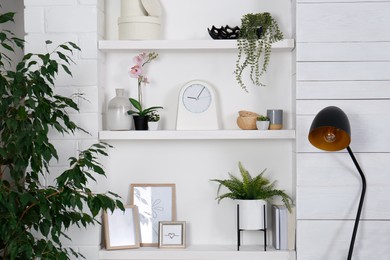 Photo of Wall shelves with beautiful decor elements and houseplants indoors. Interior design