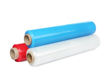 Photo of Different plastic stretch wrap films on white background