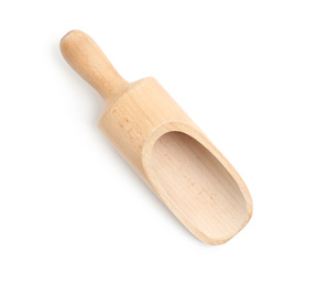 Wooden scoop isolated on white, top view. Cooking utensil