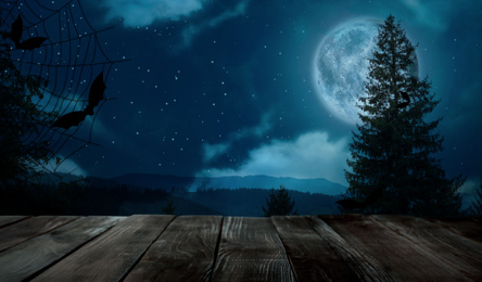 Wooden surface and night sky with full moon. Halloween illustration