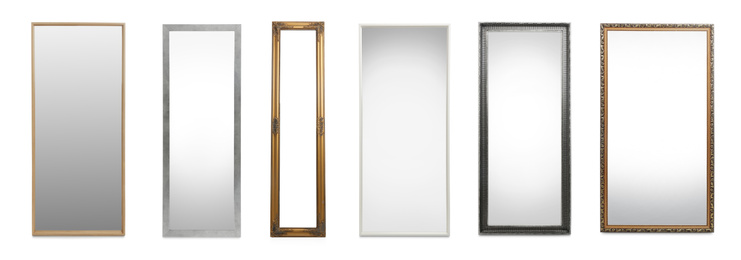 Set of different stylish mirrors on white background