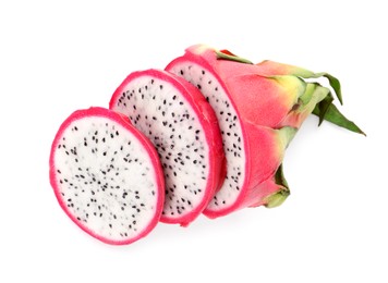 Delicious cut pitahaya fruit on white background, top view