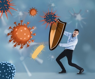 Be healthy - boost your immunity. Man blocking viruses and bacteria with shields, illustration