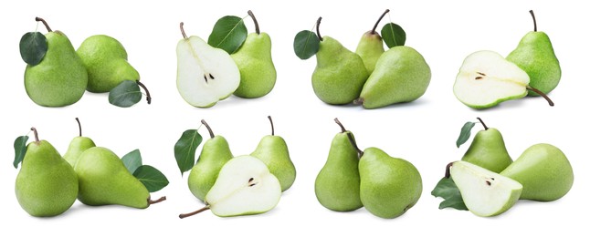 Set with tasty ripe pears on white background. Banner design