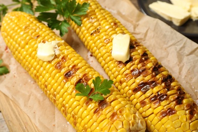Tasty grilled corn on parchment, closeup view