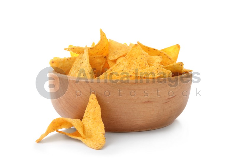 Photo of Wooden bowl of Mexican nachos chips on white background