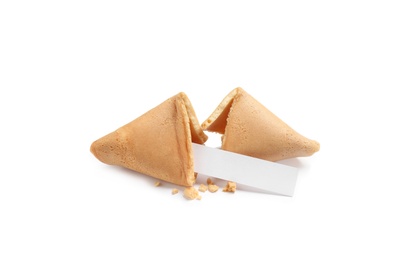 Traditional homemade fortune cookie with prediction on white background