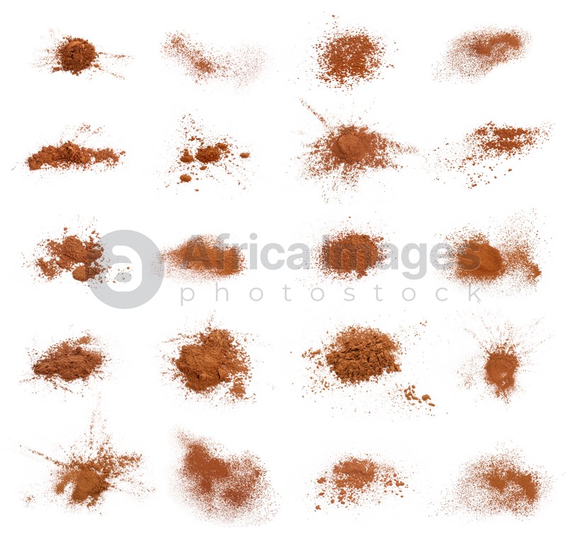 Set with aromatic cinnamon powder on white background