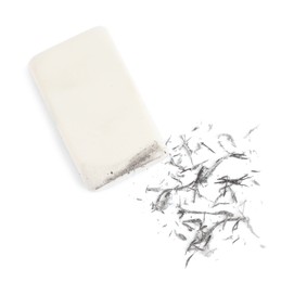 Eraser and crumbs on white background, top view