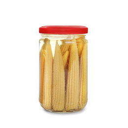 Glass jar with pickled baby corn isolated on white