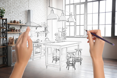 Image of Woman drawing kitchen interior design. Combination of photo and sketch