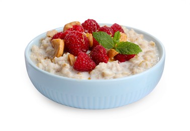 Photo of Bowl with tasty oatmeal porridge on white background. Healthy meal