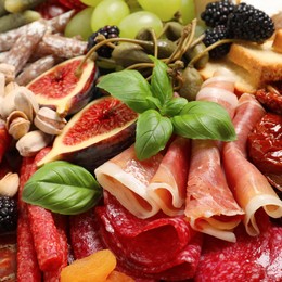 Set of different delicious appetizers as background, closeup
