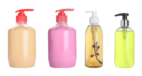 Set with different bottles of liquid soaps on white background