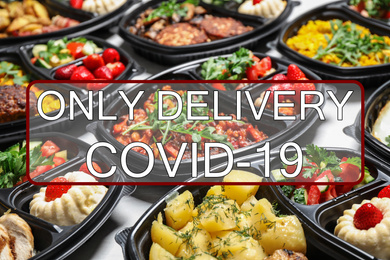 Lunchboxes with different meals on white table. Online delivery service