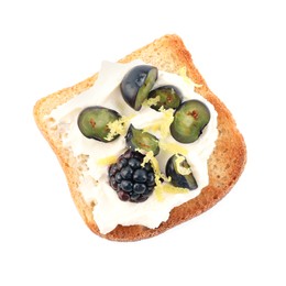 Tasty sandwich with cream cheese, blueberries, blackberry and lemon zest isolated on white, top view