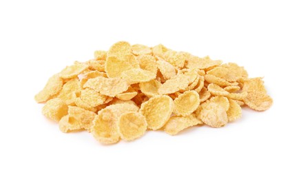 Pile of tasty cornflakes on white background. Healthy breakfast cereal