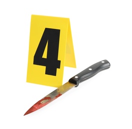 Photo of Bloody knife and crime scene marker with number four isolated on white