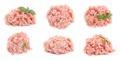 Set with fresh raw chicken minced meat on white background 