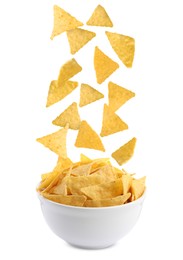Image of Tasty tortilla chips (nachos) falling into bowl on white background