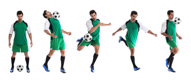 Collage with photos of young man playing football on white background. Banner design