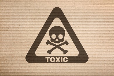 Image of Hazard warning sign (skull-and-crossbones symbol and word TOXIC) on cardboard, top view