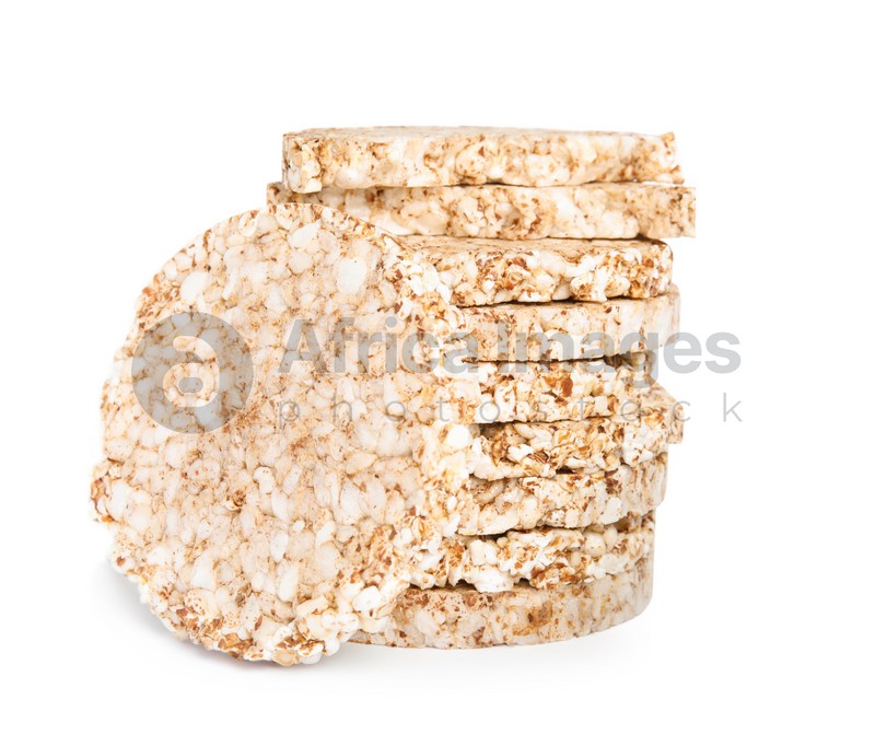 Stack of crunchy buckwheat cakes on white background