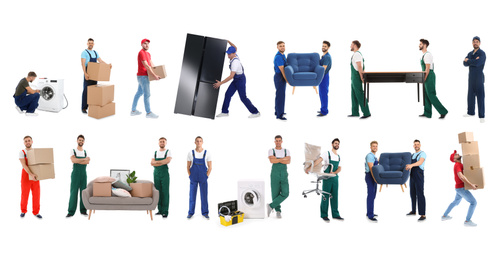 Collage with photos of workers carrying furniture and appliances on white background, banner design. Moving service