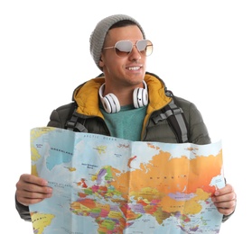 Man with map on white background. Winter travel