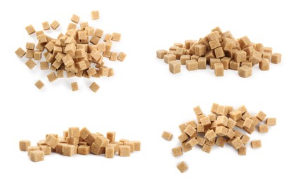 Set with cubes of brown sugar on white background
