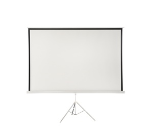 Photo of Tripod with projection screen isolated on white. Space for design
