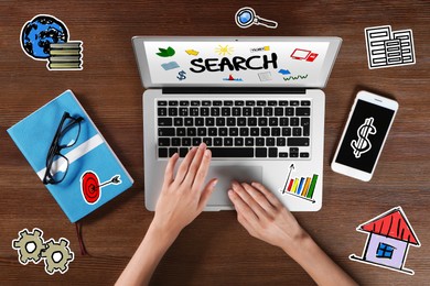 Image of Search engine optimization (SEO). Marketing specialist using laptop at wooden table, top view. Virtual icons around her