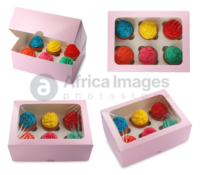 Set of boxes with different tasty cupcakes on white background